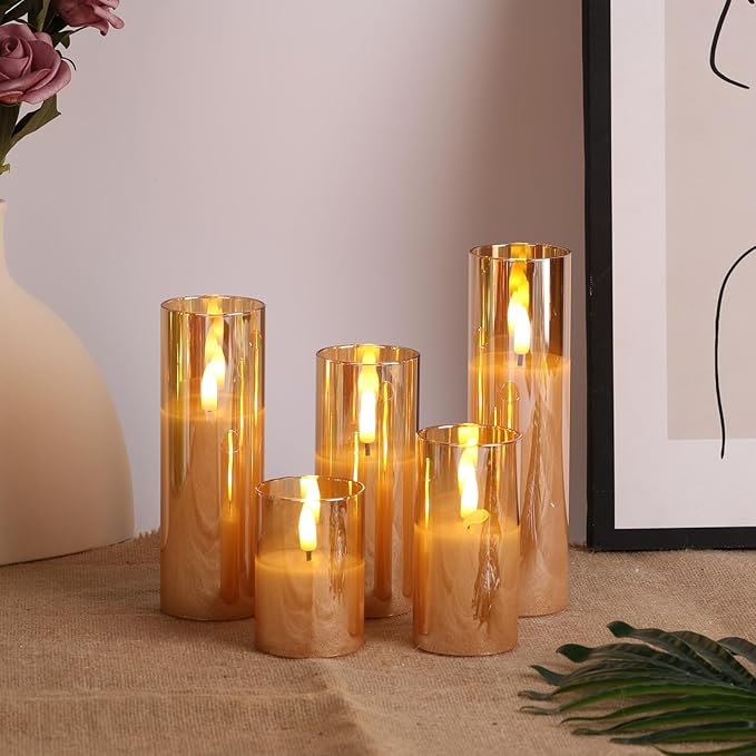 Eywamage 5 Pack Gold Glass Flameless Candles with Remote, Flickering Slim Tall LED Pillar Votive Candles Battery Included