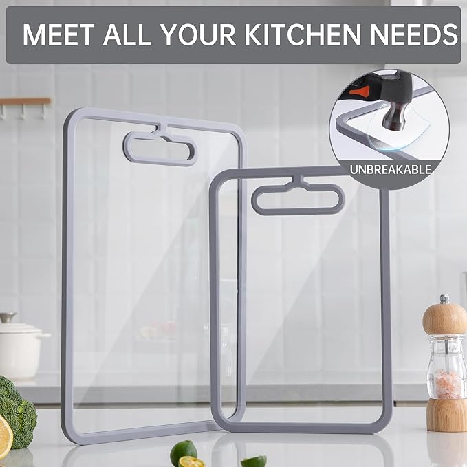 Glass Cutting Board for Kitchen, 2Pcs Tempered Glass Chopping Board with Non-Slip Edges, Dishwasher Safe Clear Cutting Board Set for Countertop, Heat & Shatter Resistant, Gray 15"×11"