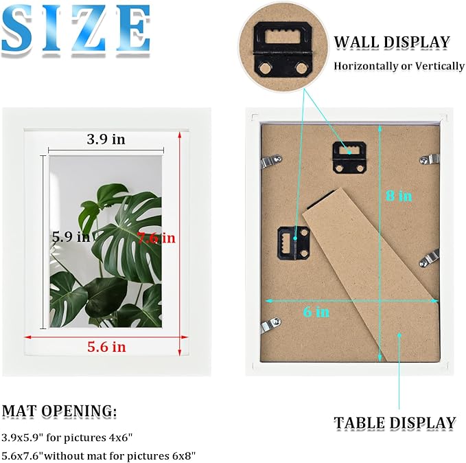 Egofine 6x8 Picture Frames Set of 4, Made of Solid Wood Covered by Plexiglass 4x6 and 5x7 with Mat or 6x8 whitout Mat, for Table Top Display and Wall Mounting Photo Frame White