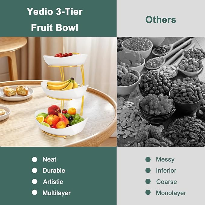 3 Tier Fruit Bowls for Kitchen Counter, White Ceramic Serving Bowls with Gold Metal Stand, Tiered Fruit Basket Display Rack for Fruits Vegetable Snack Nuts Cake Dessert Storage