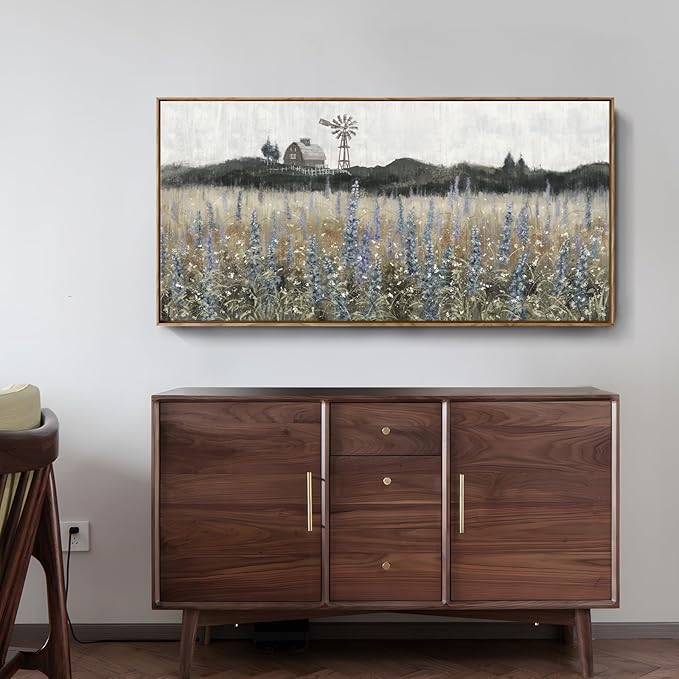 Framed Canvas Wall Art for Living Room Rustic Farmhouse Scenery Vintage Countryside Windmill Barn Picture Nature Wilderness Landscape Wildflower Field Meadow Print Painting Retro Artwork 48"W x 24"H