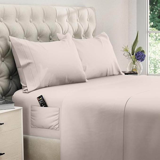 DREAMCARE Twin XL Sheets Set - 4 Pcs Cooling Bed Sheets with Up to 15" Deep Pockets - Soft, Long-Lasting 100% Brushed Polyester with Side Pocket (Beige)
