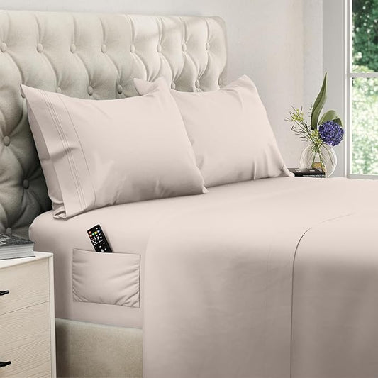 DREAMCARE Twin XL Sheets Set - 4 Pcs Cooling Bed Sheets with Up to 15" Deep Pockets - Soft, Long-Lasting 100% Brushed Polyester with Side Pocket (Beige)