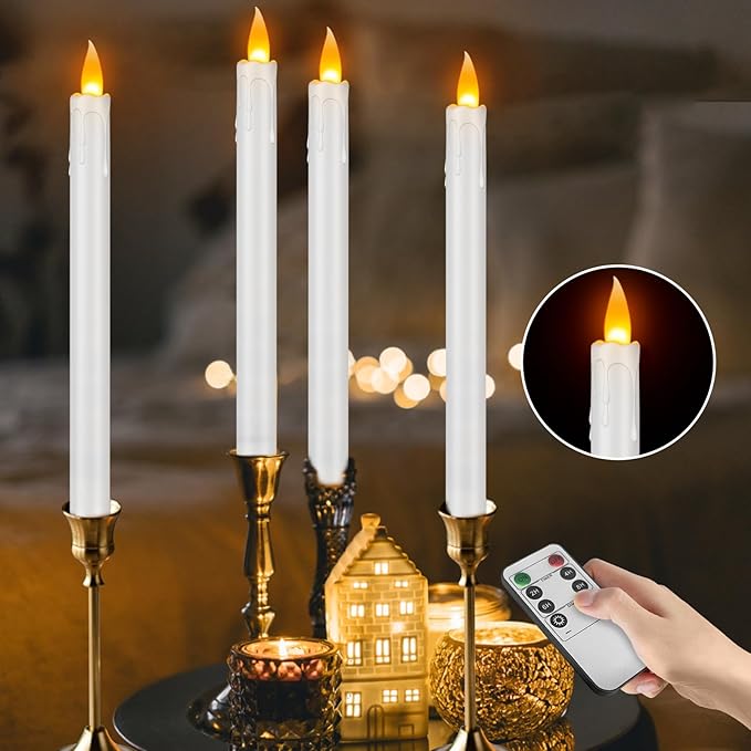 Flameless Taper Candles with Remote, 10" White Battery Operated Led Candlesticks with Flickering 3D Flame, 24 Pcs Fake Taper Candles for Christmas Thanksgiving Wedding Home Décor