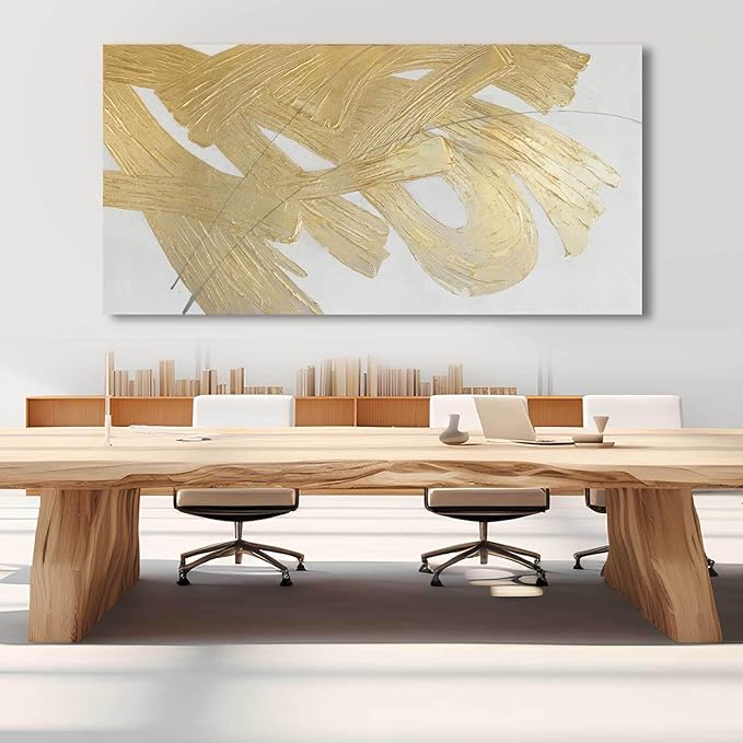 XIANSHOU Wall Decorations for Living Room Gold and White Abstract Canvas Art Oil Painting Large Minimalist Decor Wall Art for Office Bedroom Home 29"x 58"
