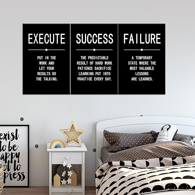 Inspirational Wall Art Success Quote Canvas Painting Positive Motivational Wall Art Execute Failure Definition 3 Pieces Black Poster Framed Artwork Prints Picture for Living Room Office [48''Wx 24''H]