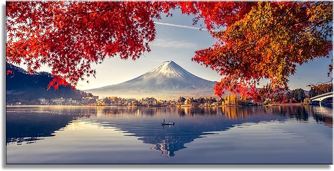 YYYYHPP YP1662 Canvas Prints Mountain Fuji with morning fog and red leaves at lake Kawaguchiko Nature Picture Wall Art Framed Artwork for Living Room Bedroom Kitchen Home and Office Wall Decor
