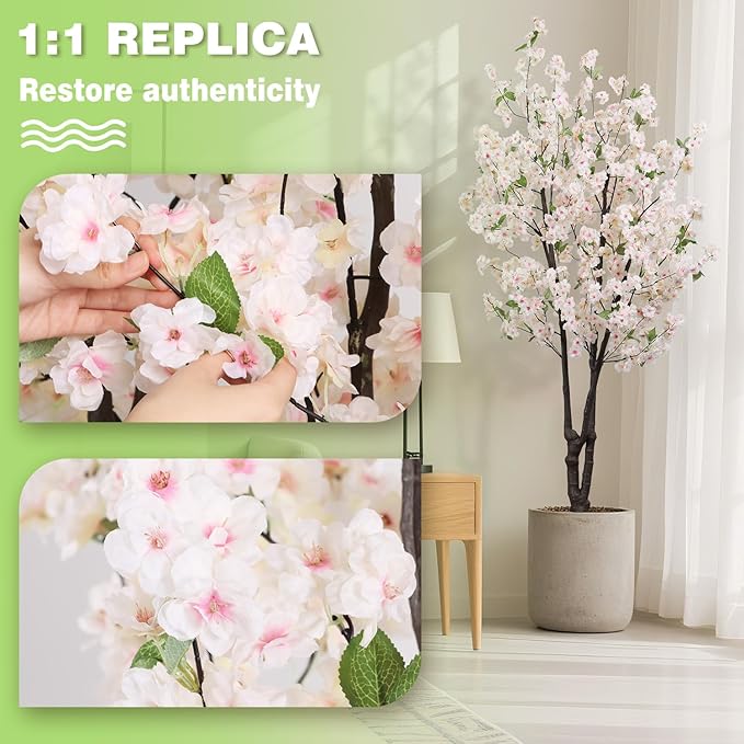 Artificial White Cherry Blossom Tree 5.7ft(68in) Faux Lifelike Plant for Indoor Decor Natural Potted Tree Realistic Pink Cherry Flowers Wood Trunk for Home Living Room,Office Perfect Weeding Gift