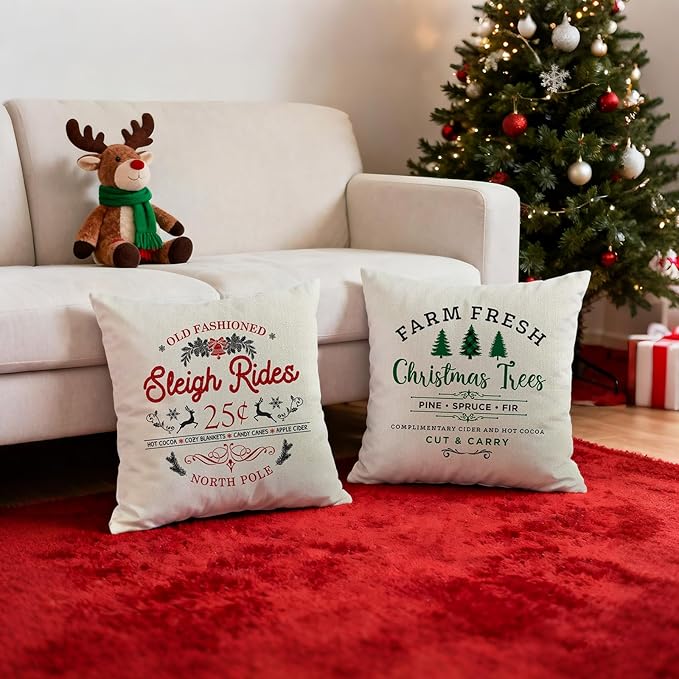 Christmas Pillow Covers 18x18 inch Set of 4, Holiday Winter Outdoor Vintage Tree Xmas White Neutral Farmhouse Seasonal Burlap Decorations for Sofa Couch