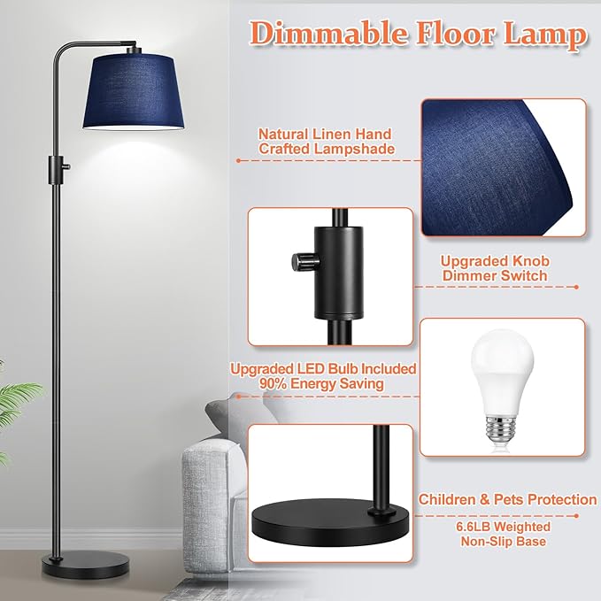 Nintiue 【Upgraded】 Dimmable Floor Lamp, 1000 Lumens LED Edison Bulb Included, Modern Arc Standing Tall Floor Lamp for Living Room Bedroom Office Dining Room - Blue