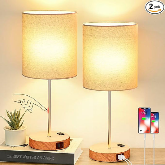 Lynnoland Touch Wood Table Lamps Set of 2, Bedroom Lamps with 2 USB AC Outlet, 3-Way Dimmable Bedside Nightstand Lamps for Bedroom Living Room Nursery, 800 Lumens 2700K Bulbs Included