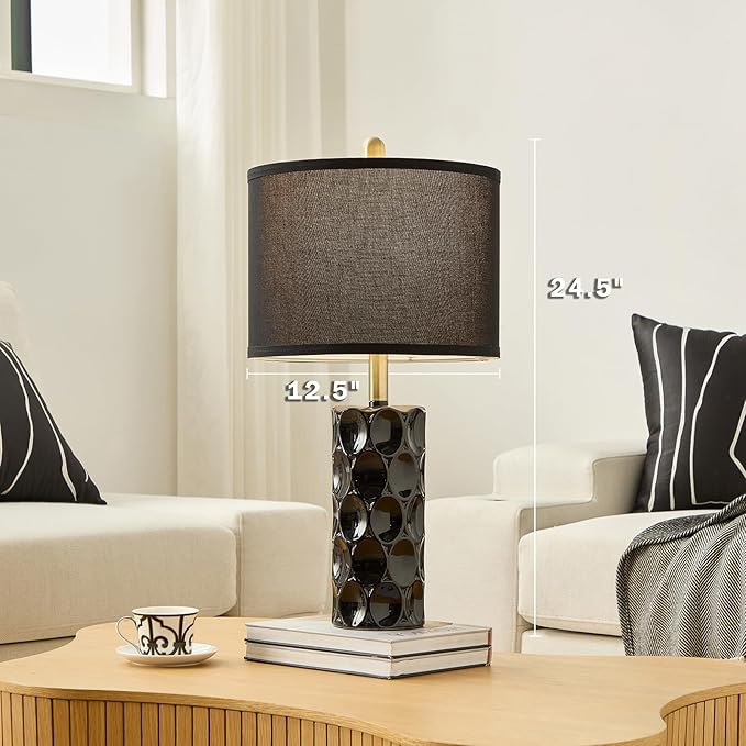 24" Modern Ceramic Table Lamp Set of 2 Bedroom Lamps, 3 Color Dimmable Bedside Lamps for Living Room Farmhouse Nightstand Lamp(Rotary-Black)