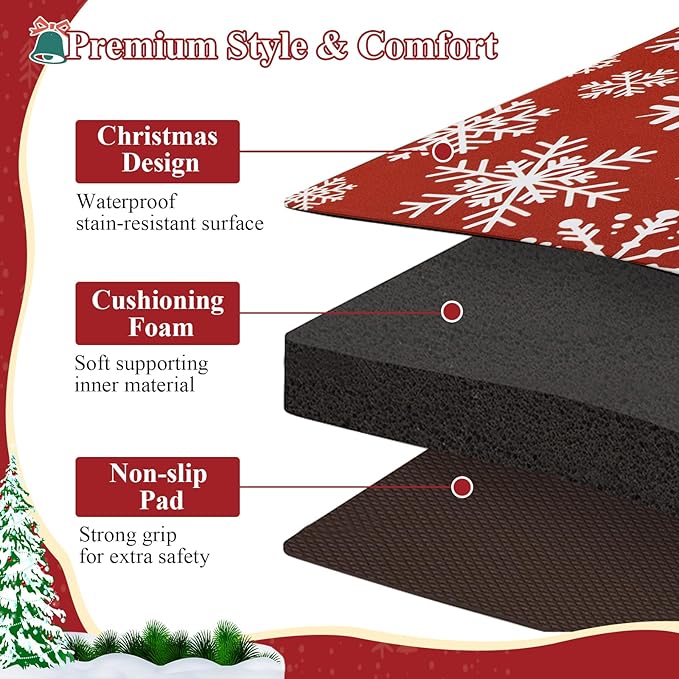 SHACOS Christmas Kitchen Rugs Set of 2 Anti-Fatigue Kitchen Mats Cushioned Red Christmas Kitchen Rugs White Snow Farmhouse Kitchen Mats and Rugs for Xmas 17x27.5+17x47, Snowflakes