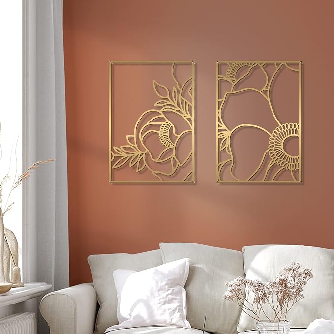 Glamativity 4 Pack Gold Wall Art, Flower Minimalist Single Line Art, Real Metal Nature Floral Abstract Wall Decor for Kitchen Bedroom Living Room