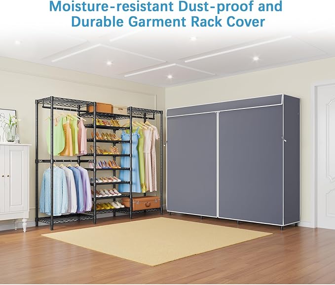 VIPEK S3C Heavy Duty Portable Closet with Adjustable Shoe Rack Wire Shelf, Large Wardrobe Organizer for Bedroom Storage, Freestanding Clothes Rack with Hanging Rod, Custom Black Rack with Grey Cover