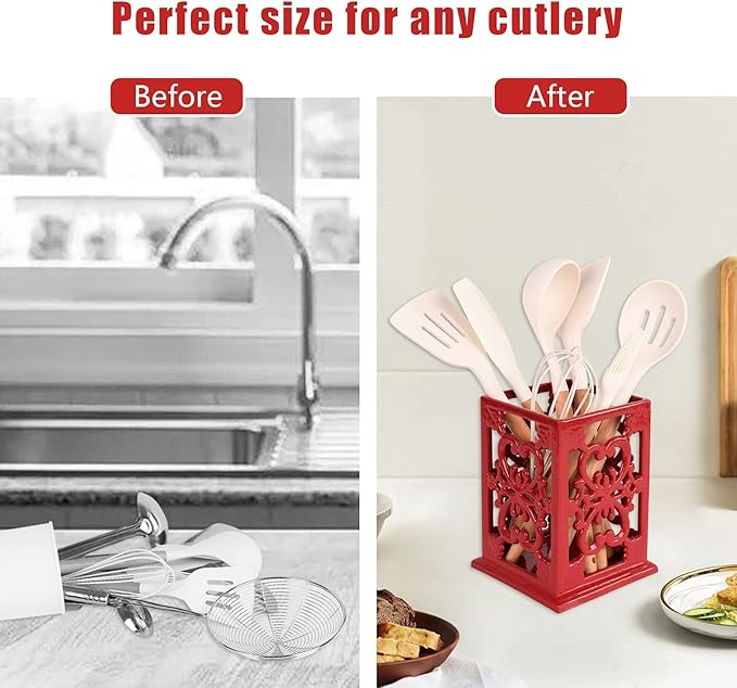 Cast Iron Utensil Holder, Vintage Farmhouse Kitchen Cookting Tools Utensil Holder for Countertop, Large Metal Flower Design Utensil Holder for Kitchen Counter, Red