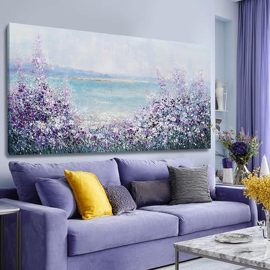 Flowers Framed Canvas Wall Decor Purple and White Painting Ocean Wall Art for Office Contemporary Art Poster for Bedroom Decor 24x48 Inch