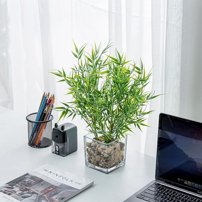 MyGift 16 Inch Tall Tabletop Artificial Bamboo Leaves Plant Potted in Clear Glass Square Pots, Indoor Faux Greenery Table Centerpiece Home Office Decor, Set of 2