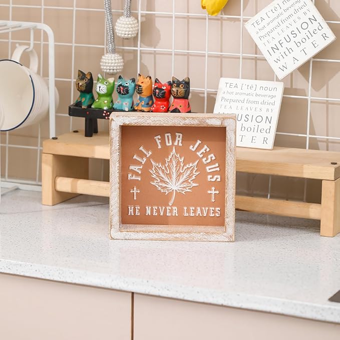 Embossed Orange Fall Leaf Sign, Farmhouse Autumn Decorations, Wooden Fall Tiered Tray Decor for Shelf Cubicle Desk Mantel, Rustic Thanksgiving Table Decor