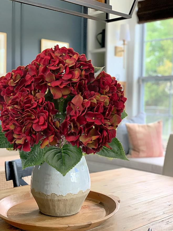 Red Hydrangea Artificial Flowers Large Artificial Hydrangeas Silk Dark Red Fall Flowers Faux Fall Burgundy Flower for Home Decor Indoor Wedding Bouquets Kitchen Centerpiece Table Decorations