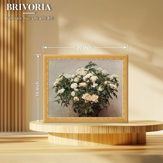 Brivoria Framed Canvas Wall Art Vintage Decor, Realistic Botanical Rose Tree Artwork with Blooming White Flowers and Green Leaves for Living Room Statement Wall or Gallery Display, 16"x20"