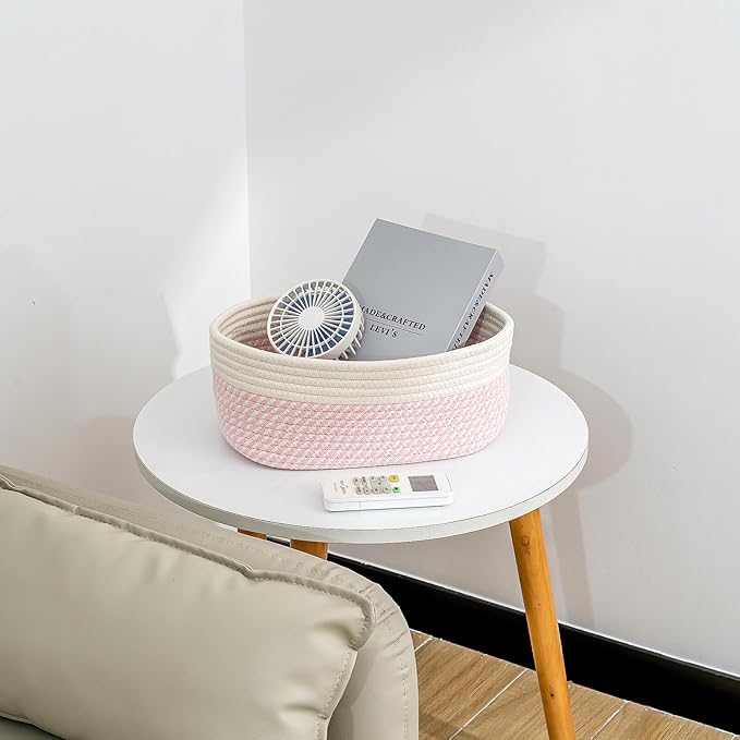 CubesLand Cotton Rope Baskets for Shelves Storage,Cube Shelf Closet Storage Bins Set 2,Long-lasting &Skin-friendly Toy Basket Bin,Stylish Room Decor Basket,Woven Off White/Mixed Pink