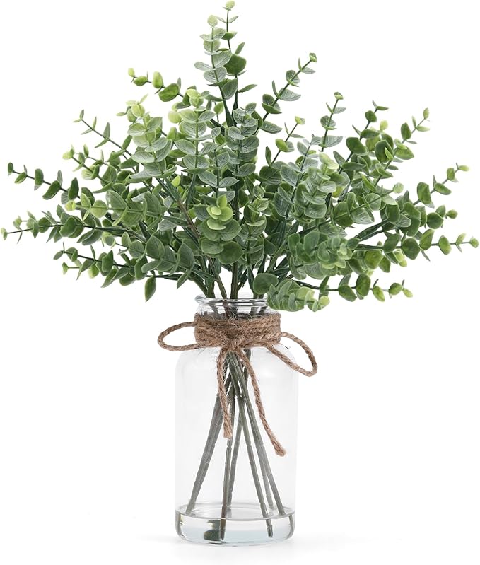 Artificial Eucalyptus Stem in Vase,Realistic Small Fake Eucalyptus Plant for Coffee Table Farmhouse Shelf Bathroom Home Office Decor