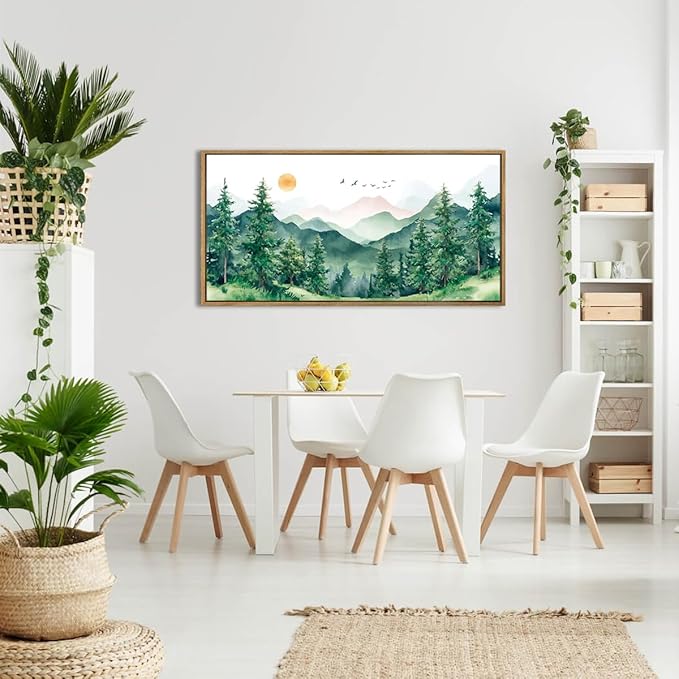ANHUIB Watercolor Forest Wal Art 20x40 Inch Framed Green Mountain Range Canvas Wall Decor Pine Tree Painting Nature Landscape Wall Art Set of 3 for Living Room Bedroom Office