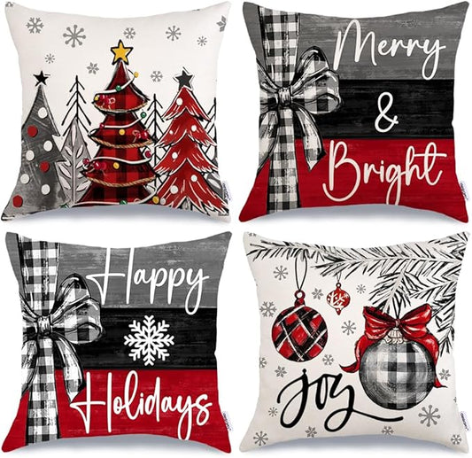 GEEORY Christmas Throw Pillow Covers 18x18 Inch Set of 4, Xmas Trees Merry and Bright Happy Holidays Farmhouse Decorative Cushion Cases for Home Decoration G632-18