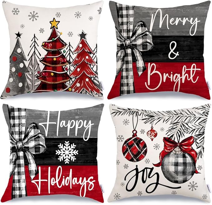 GEEORY Christmas Throw Pillow Covers 20x20 Inch Set of 4, Xmas Trees Merry and Bright Happy Holidays Farmhouse Decorative Cushion Cases for Home Decoration G632-20