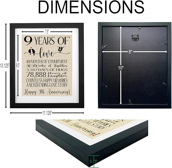 9 Years of Love Burlap Print Framed, Gifts for Husband & Wife 9th Wedding Anniversary, Romantic Decoration for Couple