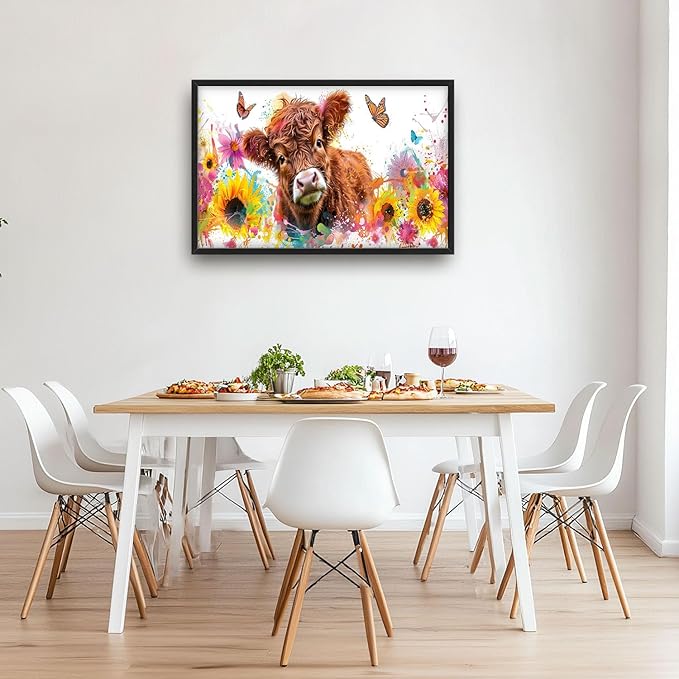 Flintis Large Highland Cow Wall Art Cow Sunflower Pictures Wall Decor Abstract Animal Canvas Painting Print Artworks Decorations Framed for Living Room Bathroom Master Bedroom Office 36L x 24W