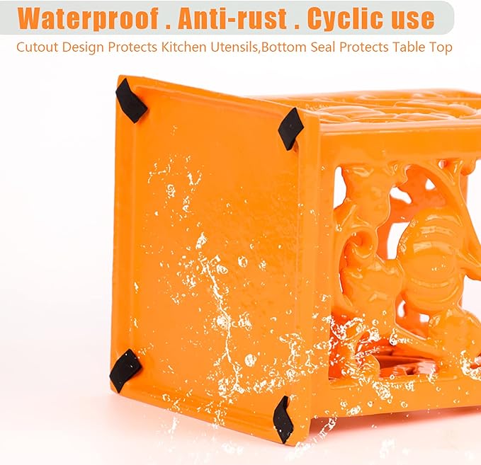 Utensil Holder for Kitchen Counter, Large Cast Iron Vintage Pumpkin Pattern Utensil Holder Cooking Tools Organizer Storage Crock, Orange