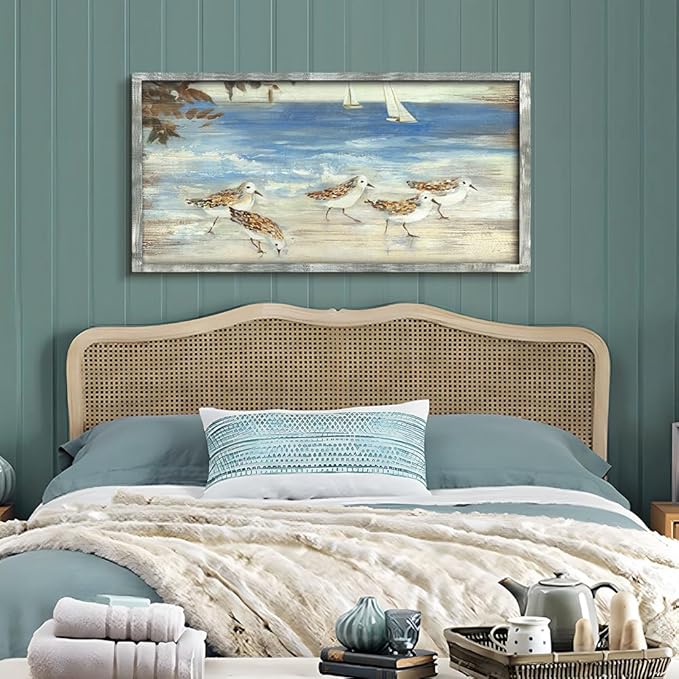 Coastal Beach Birds Framed Abstract Paintings Canvas Prints Wall Art for Bedroom Wall Decor Artworks Pictures Wall Decorations for Living Room(40"*20")