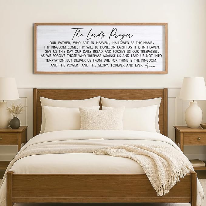 Our Father Prayer Bible Verse Framed Wall Art, 40''×15'' Natural Horizontal Religious Christian Lords Prayer Sign for God Jesus Christ Prayer, Rustic Holy Inspirational Catholic Scripture Decor