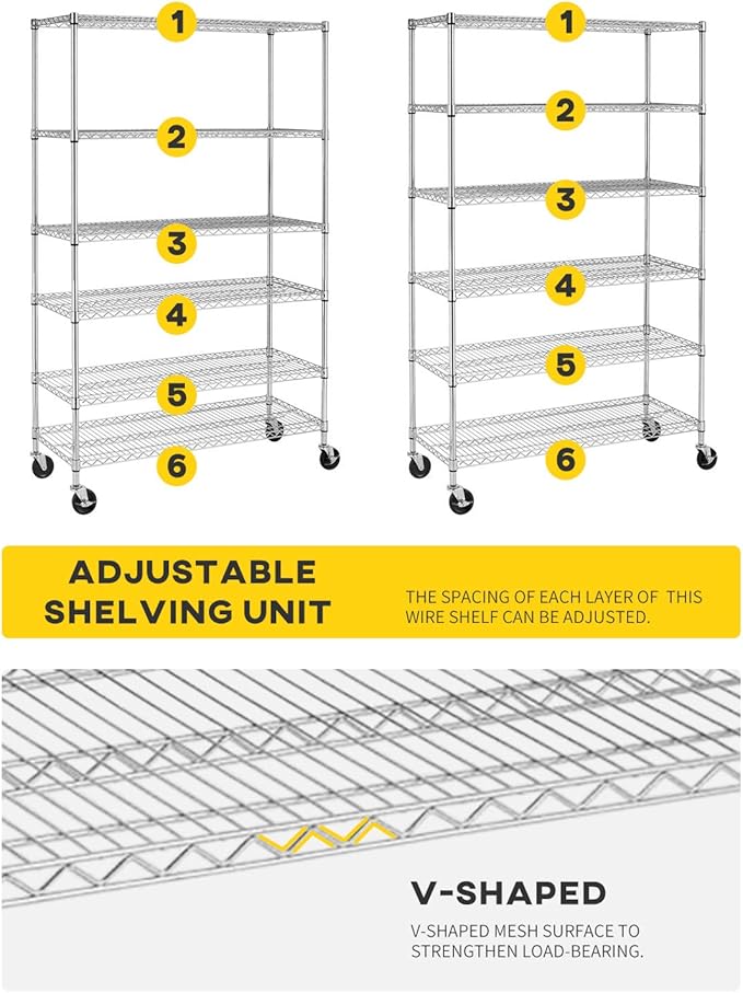 BestOffice | 6-Tier Wire Storage Shelves with Wheels | 18x48x77 | Chrome | Adjustable Racks | Heavy-Duty Metal Shelf, Holds Upto 600 lbs | No-Tool Assembly | Ideal for Home & Garage Shelving