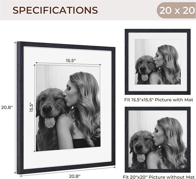 20x20 Black Picture Frame, Solid Oak Wood 20 by 20 Frame, Black Square Picture Frame 20 x 20 with mat for 16 x 16, 20x20 Wood Frame for Home Decor, 20 x 20 Poster Frame, Tempered Glass, 1 Pack