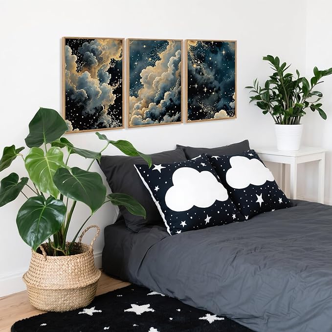 HPINUB Misty Starry Sky Framed Canvas Wall Art Set, Rustic Nature White Clouds&Stars Wall Decor, Mystical Starry Night Landscape Art Print Dreamy Painting for Living Room, Bedroom, Office - 16 x 24 x3