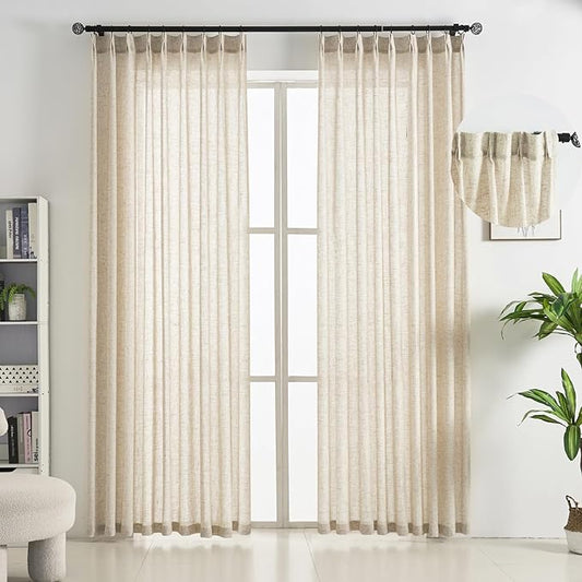 Burlap Pinch Pleated Linen Semi Sheer Curtains 84 Inches Long, 50 Inches Width, Neutral Flax Light Filtering Drapes, Beige Retro Window Treatments, Rustic Farmhouse Curtain Panels