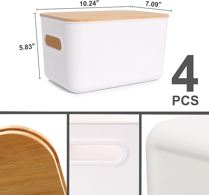 Citylife 4 PCS Storage Bins with Bamboo Lids Plastic Storage Containers for Organizing Stackable Storage Box with Handle, 10.23 x 7.08 x 6.3 inch