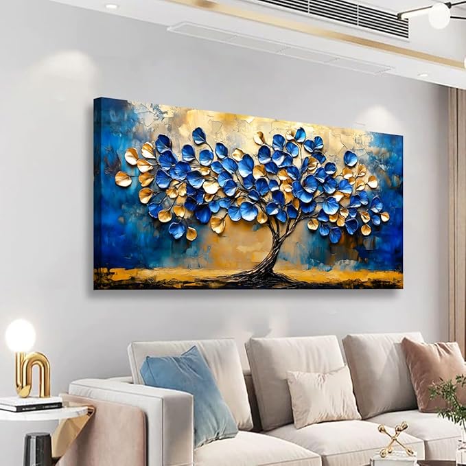 Abstract Tree Canvas Wall Art Bedroom Wall Decor Living Room,Blue and Gold Leaf Wall Art Office Paintings Artwork Modern Ginkgo Tree Leaves Pictures Art Prints Waterproof Ready to Hang-20x40inch
