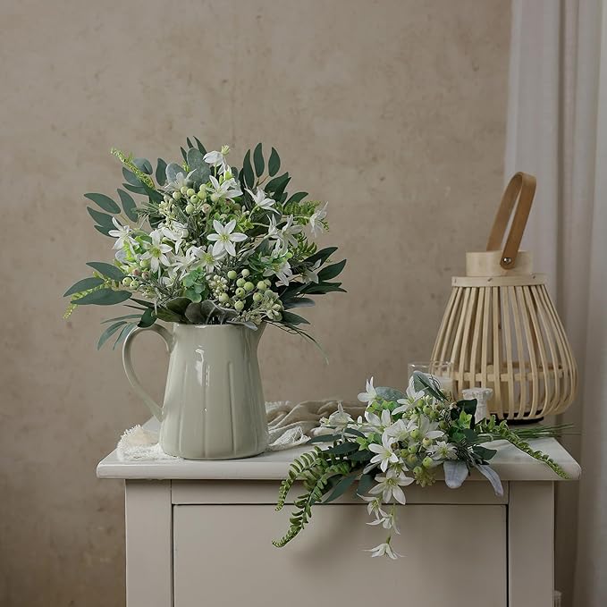 FOTEEWL 70 Pcs Artificial Greenery Stems Box Set,with 8 Kinds of Faux Plants and Fake Flowers for DIY Bridal Bouquets Wedding Floral Arrangement Table Centerpieces Decoration (Sage Green & White)