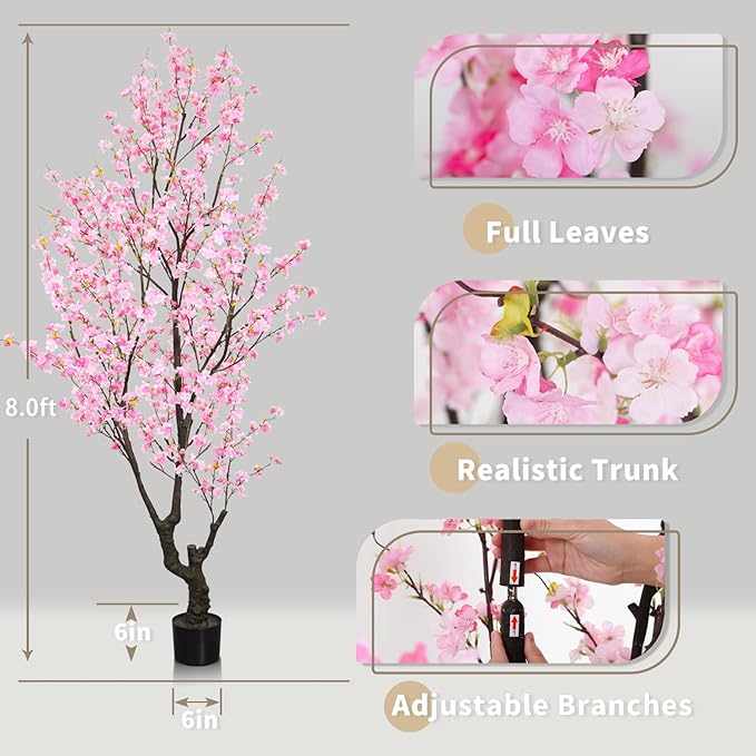 Faux Pink Cherry Blossom Tree 8ft(96in) Tall Artificial Plant Indoor Decor Handmade Natural Sakura Tree for Wedding Realistic Cherry Plant in Pot for Home Living Room,Office,Outdoor Decor.