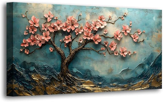 Tree of Life Pink Flowers and Golden Trees Pictures Canvas Wall Art for Living room Office Bedroom Teal Mountain Abstract Wall Decor Art Print Paintings Modern Plum Blossom Artwork -20x40inch