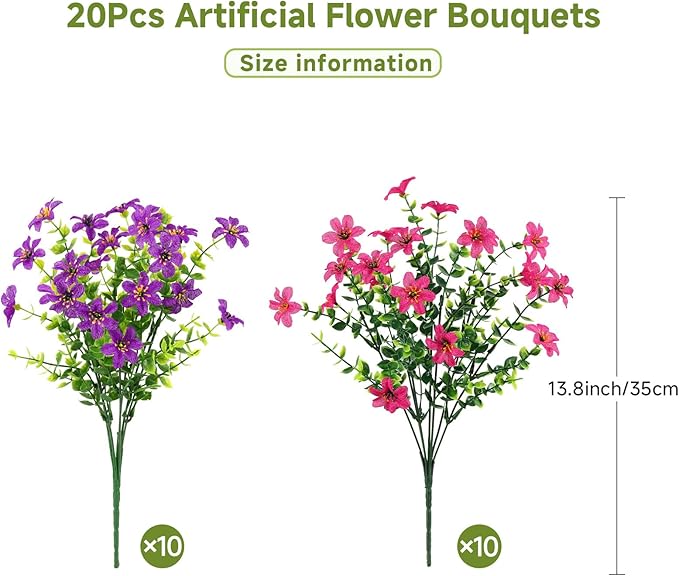 SHareconn Artificial Flowers for Outdoors Spring Decoration, Fake Silk Realistic Faux Plants UV Resistant for Outdoor Planter Porch Patio Summer Outside Decor,20 Bundles, RosyPurple