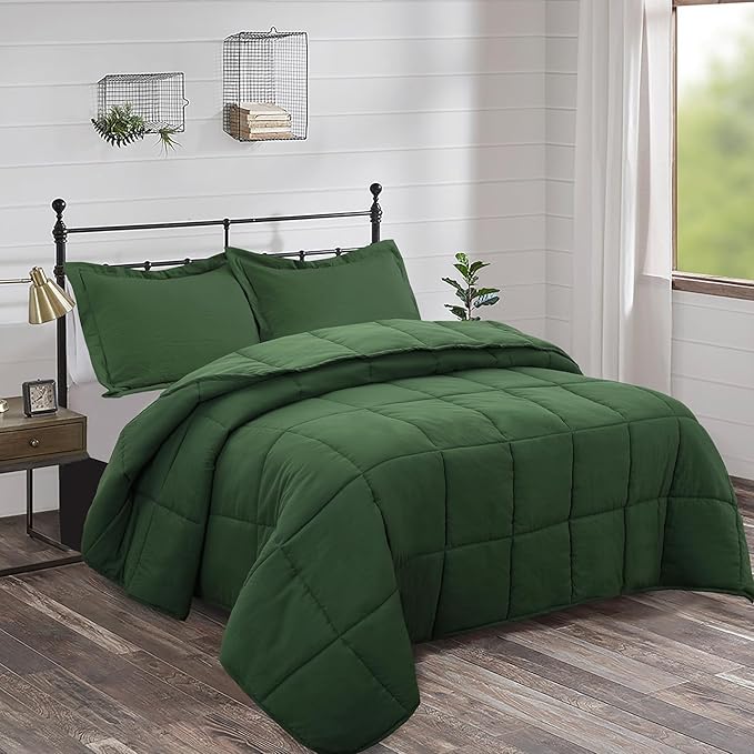 HIG 3pc Prewashed Green King Size Comforter Duvet Insert - All Season Quilted Down Alternative Comforter with Corner Tabs -Box Stitched - 250GSM Fiberfill Farmhouse Style Bedding(Salomon)