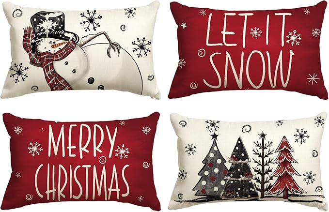 AVOIN colorlife Merry Christmas Snowman Let It Snow Throw Pillow Covers, 12 x 20 Inch Xmas Tree Winter Holiday Cushion Case Decoration for Sofa Couch Set of 4