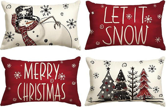 AVOIN colorlife Merry Christmas Snowman Let It Snow Throw Pillow Covers, 12 x 20 Inch Xmas Tree Winter Holiday Cushion Case Decoration for Sofa Couch Set of 4