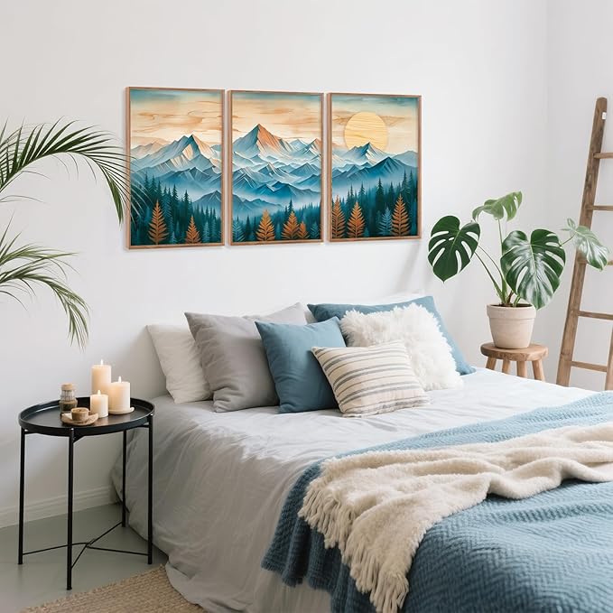 CHDITB Mountain Landscape Framed Canvas Wall Art Set, Nature forest Inspired Wall Decor, Sunset Art Spiritual Wall Painting, Vintage woodcut Art Prints for Living Room, Bedroom, Office-16 x24 x3