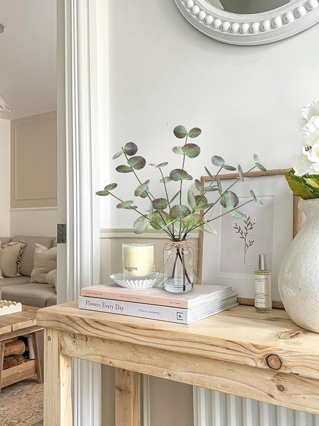 Fall Fake Eucalyptus Stems in Glass Vase with Faux Water 14" Fake Fall Plants with Artificial Eucalyptus Leaves Fall Decorations for Home Bathroom Desk Coffee Table Centerpiece Office Farmhouse Decor